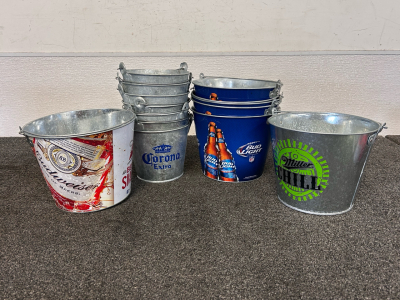 (13) Metal Beer Buckets: Bud Light, Corona, Budweiser and Miller