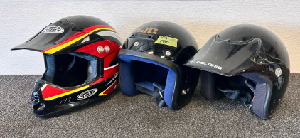 (2) Vintage Helmets And (1) Gmax Dirtbike Helmet