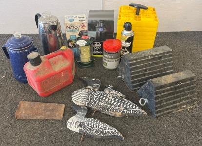 Camping Items &mdash; Camper Leveling Blocks, Wheel Chocks, Mosquito Lanterns, Gas Can, Camping Pitchers & More