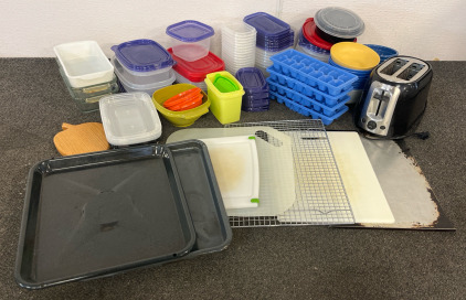 Kitchen Items Including Tupperwares, Toaster, Pans, Cutting Boards & More