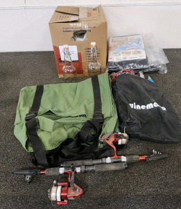 Box of FlipTop Bottles, (2) Dalen Bird X Netting, (2) Fishing Reels, And More