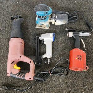 Reciprocating Saw l, Makita Sander, Nails Gun, And A Pneumatic Riveter