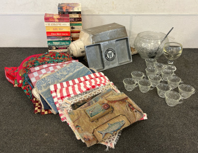 Vintage Hoosier Cabinet Flour Bin, Floor Ashtray, Glass Dishes, Placemats & Various Books