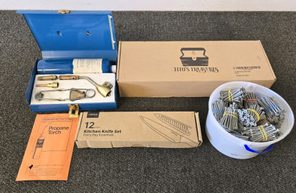 Vintage Propane Torch Set, 12 Piece Kitchen Knife Set, AC Window Vent Kit, Pail Of 1350 2 1/2" Deck Screws, Old Pal Tackle Box