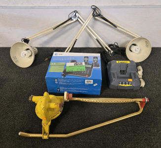 (2) Moving Arm Lamps, Lynxx Battery Charger, at&t Corded/Cordless Answering System, Hose Sprinkler