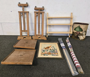 (2) Vintage Disassembled Wood Rising Side Tables, Hanging Wall Shelf, 18"x14" Framed Picture, (3) American Flags, Decorative Tin