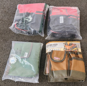 (2) Husky Bucket Tool Bags, BucketBoss Bucketeer Bucket Tool Organizer, And Gardening Tool Belt.