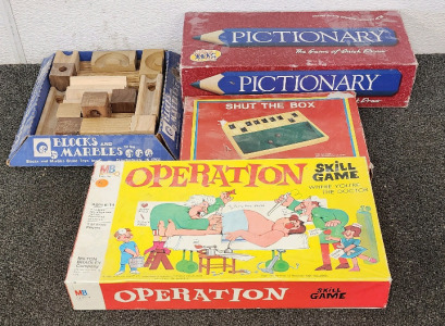 Game Night Lot!-Operation, Pictionary, Shut The Box, And Blocks And Marbles