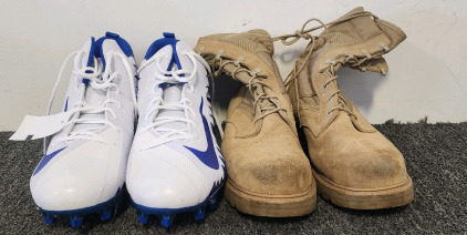 Nike Alpha Menace Pro Mid Size 18 Cleats And Vibram Men's Desert Tan Flight and Combat Crewman Boots Size 13 Wide