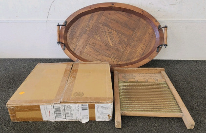Large Serving Platter, Rivet Galvanized Tiered Stand, And A Vintage Washboard