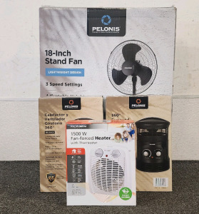 Pelonis 18" Stand Fan, (2) Pelonis 360&deg; Surround Fan Heater, And A ProFusion 1500 W Fan Forced Heater With Thermostat.