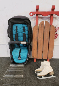 Stroller Seat, Sleigh Decor, Figure Skates, And A Metal Cooling Rack.