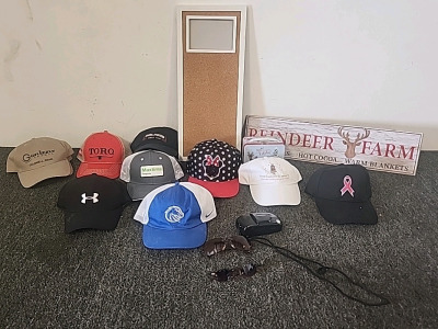 Various Stylish Hats Small Cork Board Ladies Fashionable sunglasses and a Olympus Camara