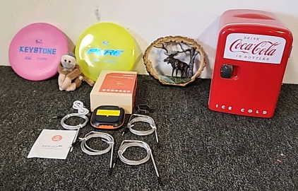 Coca-Cola Mini Fridge (10"x9.5") BBQ Go Smart Wireless BBQ Thermometer, 2 Disc's Golf Disc's, Moose Wall Art
