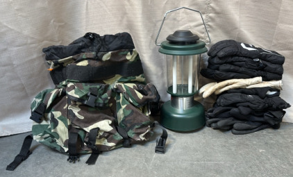 Coleman Large Tube Lantern & (7) Various Pairs of Work Gloves, & Rucksack