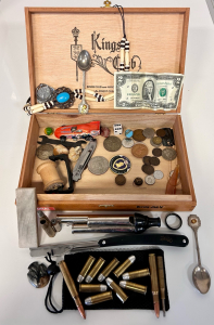 Kings Club Wood Box with Contents: Jewelry, Ammo, Couns, Vintage Razor and Sharpening Stone, Currency and More