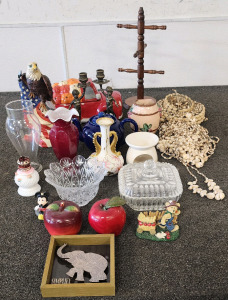 Antique Bronze Cherub Candlestick Holders, Shell Wind Chime Art, Royal Worcester Vase, Cobalt Blue Ceramic Teapot, And More