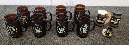 Vintage 1976 USA Bicentennial "Here's to America!" Brown Glass Beer Mugs With Matching Salt And Pepper Shakers.