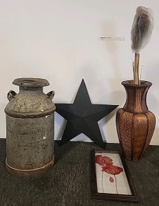 Vintage Metal Milk Can, Metal Barn Star, Large Wooden Vase, Floral Picture.