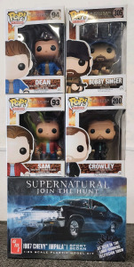 Never Opened Supernatural 1967 Chevy Impala 1/25 Scale Plastic Model Kit And Supernatural Funko Pop Characters!