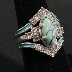 Silver Toned 3-Piece Staghead Turquoise & Clear Gem Ring
