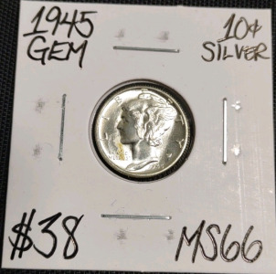 1945 MS66 Gem Silver Mercury Dime