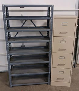 (2) Industrial Storage Units - (1) 8-Shelf Metal Rack (1) 4-Drawer Filing Cabinet