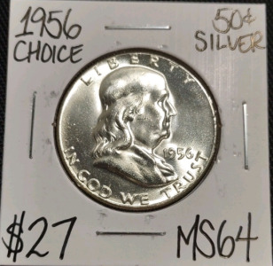1956 MS64 Choice Silver Franklin Half Dollar