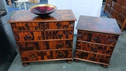 (3) Boutique Vintage Wood Inlay Collection - (1) 4-Drawer Dresser (1) 3-Drawer Dresser (1) Decorative Bowl