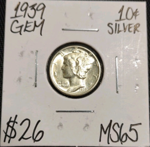 1939 MS65 Gem Silver Mercury Dime
