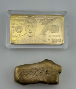 (1) 55 Grams (1.9oz) Hand Poured Bar From Computer Pins NOT Pure Gold(Unknown Gold Content) And (1) Trump $100 Gold Plated 1oz Gold Novelty Bar