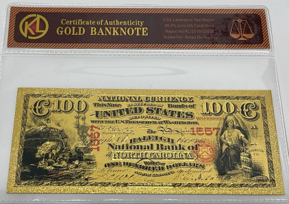 $100.00 99.9% Pure 24k Gold United States Banknote W/ C.O.A. (Sleeved)