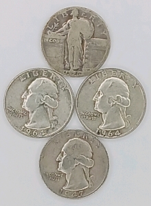 (4) 90% Silver U.S. Quarters - (1) 1929 Standing Liberty S (1) 1941 Washington D (2) 1964 Washington D