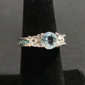 Silver Toned Blue Topaz & Clear Gem Solitaire Ring