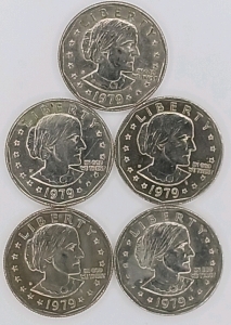(5) 1979 Susan B. Anthony One Dollar Coins