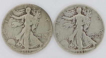 (2) 90% Silver Walking Liberty Half Dollars - (1) 1918 (1) 1943