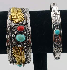 (2) Southwestern Style Cuff Bracelets - Turquoise & Coral Detail