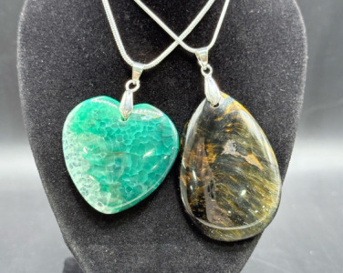 (1) 77 ct. Natural Green Dragon Veins Agate Heart .925 Necklace And (1) Golden Blue Tiger Eye Jasper Gemstone .925 Necklace