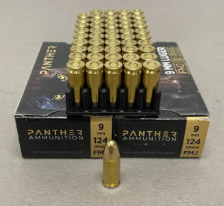 (100) Rounds Panther 9mm Luger Brass Case 124 Grain FMJ Ammunition Cartridges