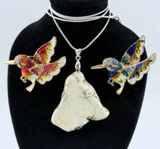 (1) 65.50ct. Natural White Buffalo Turquoise Freeform Slice .925 Necklace And (2) Colorful Hummingbird Pins