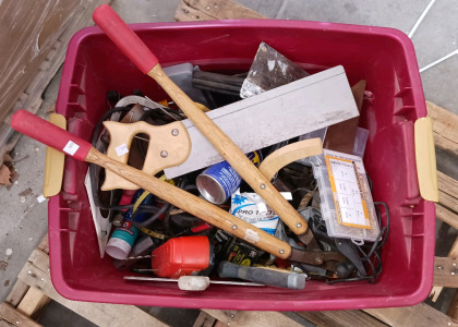 (20+) Red Tote Full of Tools - (1) Buck Bros Saw (1) Sears Craftsman Sabre Saw (1) Spray Gun (2) Nail Kits (2) Loppers & More
