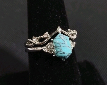Women's 2-Piece Hugging Clear Gem & Turquoise Silver Toned Ring