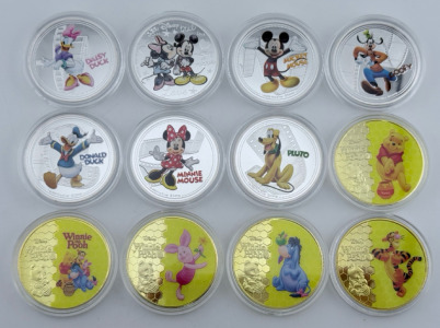 (7) Disney Character Silver Plated Collectors Coins And (5) Disney &ldquo;Pooh + Friends&rdquo; Gold Plated Collectors Coins