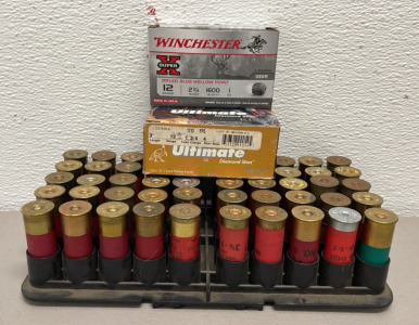 (50) Assorted 12 Gauge Shotgun Shells W/ Tray, (10) Kent 12 Gauge 3&rdquo; Turkey Loads Shotgun Shells, (5) Winchester 12 Gauge 2-3/4&rdquo; Rifled Slug Hollow Point Shotgun Shells
