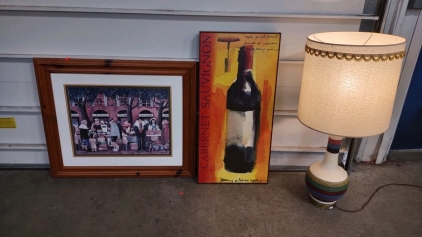 (1) 37&frac14;"x 31" Guy Buffet "Market In Provence" Limited - Edition Print, (1) 18&frac12;"x 38&frac14;"x 2" Full Bodied (Cabernet Sauvignon) by Michael Clark - Rare Art Print, & (1) Vintage Mid-Century Modern Table Lamp
