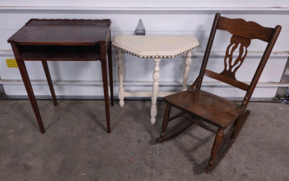 (1) Vintage Handmade Wooden Rocking Chair, (1) 22"x 15&frac12;"x 29&frac12;" Vintage Wooden Hallway Table, & (1) 2'x 1'x 2'&frac12;" Vintage White Wooden Hallway Table