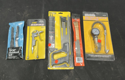 (1) Pop Rivertool Kit, (1) 4-Piece Air Blow Gun Set, (1) Stanley 3 in 1 Saw Set, (1) Japanese Flush Cut Saw, & (1) Dual Chuck Tire Inflator w/ Dial Guage