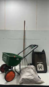 (1) Scotts SpeedyGreen Large Fertilizer Spreader, (1) Wooden-Handle Pitch Fork, (1) Leaf Bag w/ Various Leaf Blower Attachments, & (1) YardMachines Lawn Mower Bag