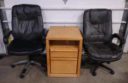 21&frac12;"x 25&frac12;"x 29&frac14;" Wooden Filing Cabinet w/ (2) Black Rolling Swivel Office Chairs