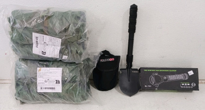 (4) Outdoor Survival Tools - (2) Camouflage Nets (1) Folding Shovel w/ Case (1) 8-in-1 Emergency Tool BJ-T01